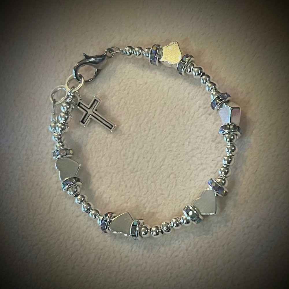 Infant/Baby Dainty Bracelet with Silver Hearts and Silver Beads.